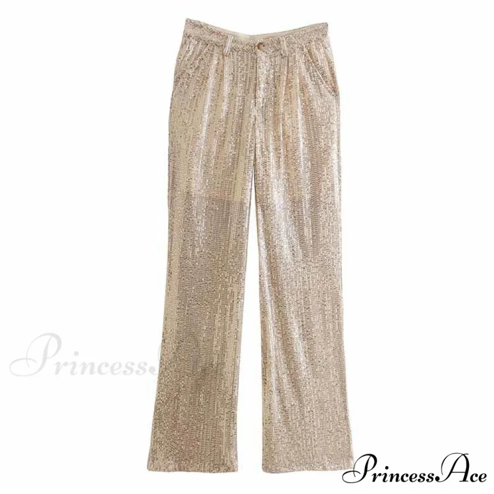 Golden Sequined High Waist Loose Long Trouser - Image 6