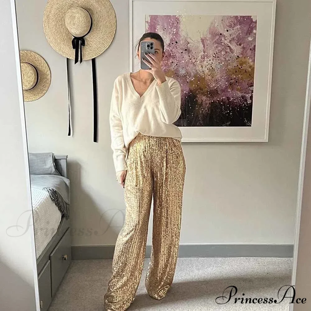 Golden Sequined High Waist Loose Long Trouser - Image 7