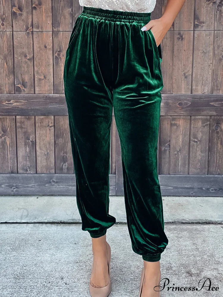 Velvet Velour Casual Green Loose Elastic Pants - Image 3
