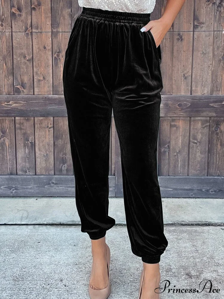 Velvet Velour Casual Green Loose Elastic Pants - Image 4