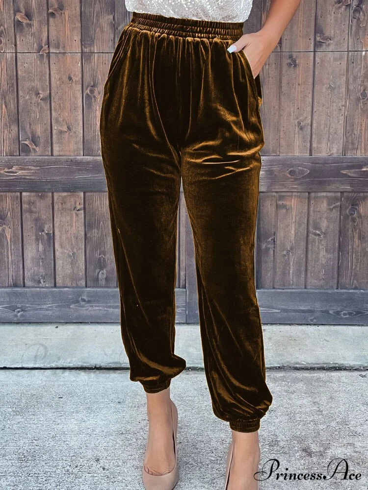 Velvet Velour Casual Green Loose Elastic Pants - Image 5