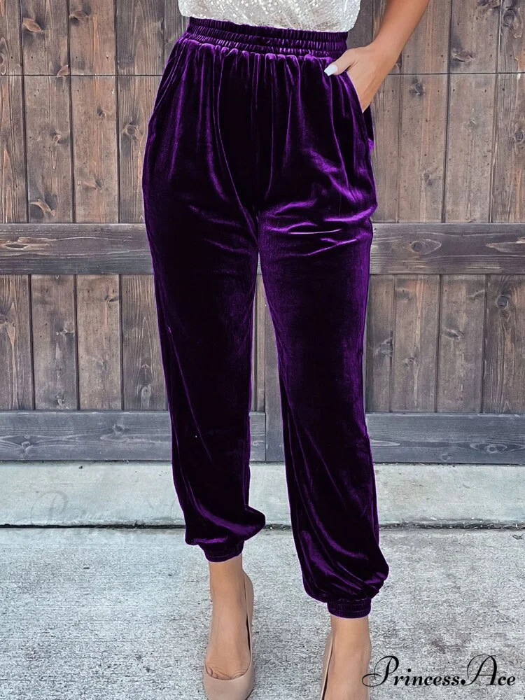 Velvet Velour Casual Green Loose Elastic Pants - Image 6
