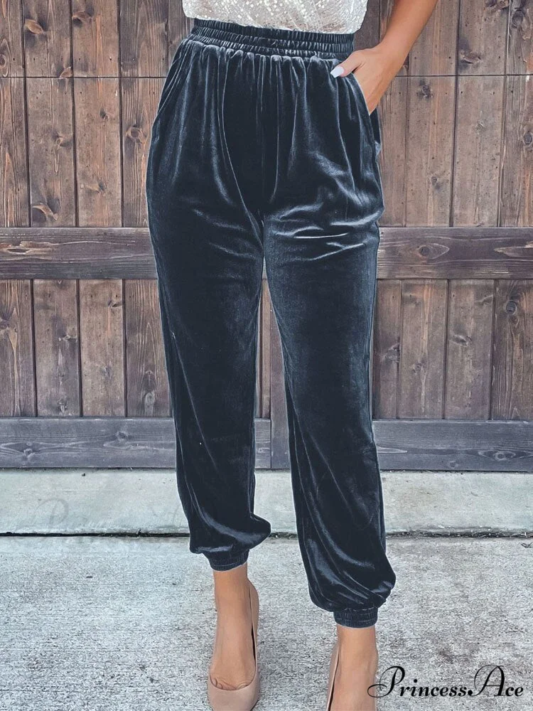 Velvet Velour Casual Green Loose Elastic Pants - Image 7