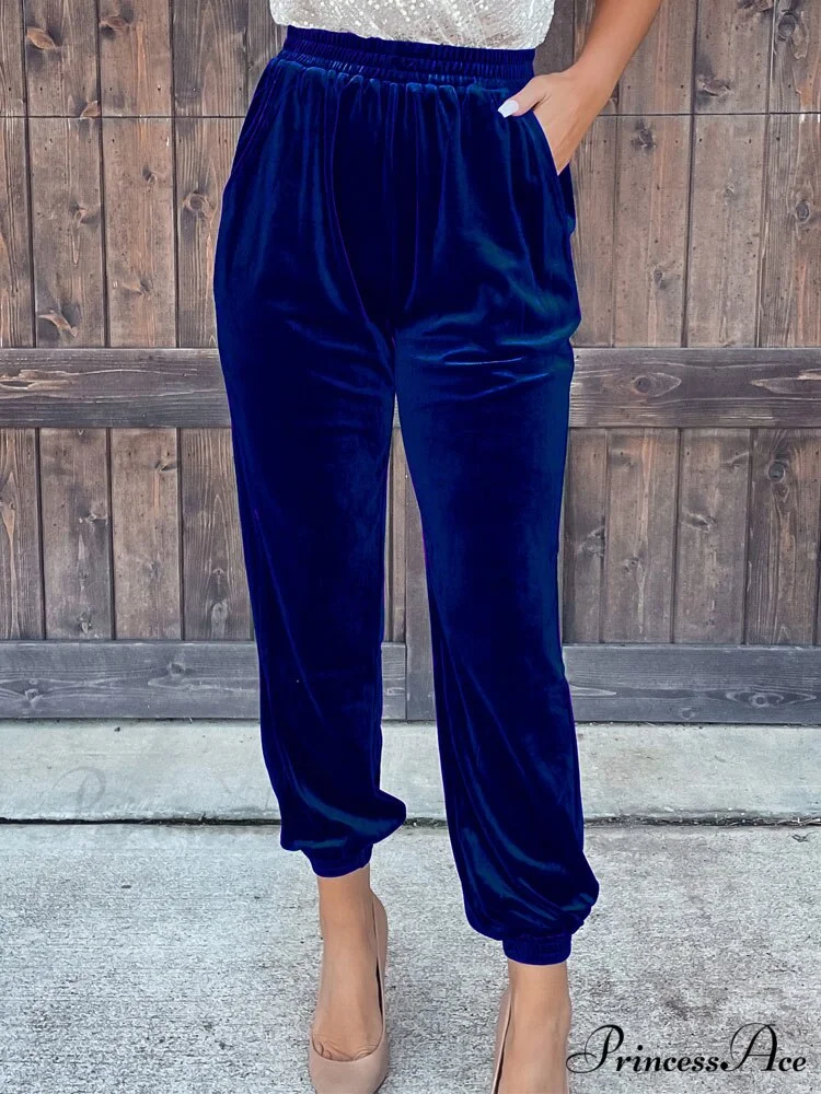 Velvet Velour Casual Green Loose Elastic Pants - Image 8