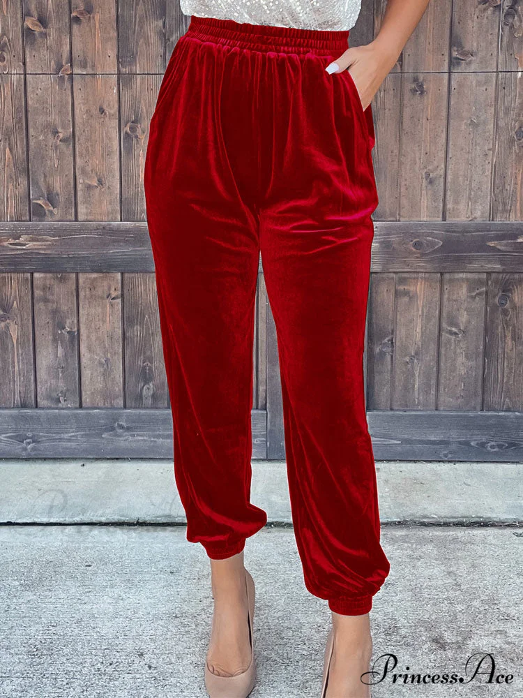 Velvet Velour Casual Green Loose Elastic Pants - Image 9
