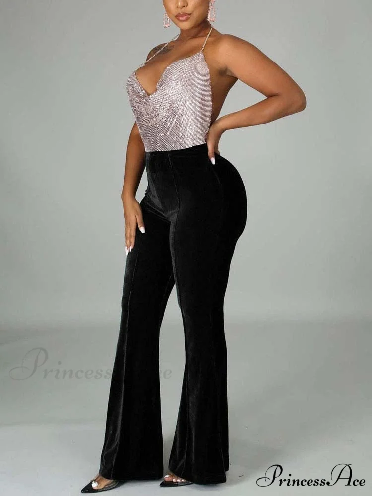 Velvet Velour Flared Bell Bottoms High Waist Pants - Image 10