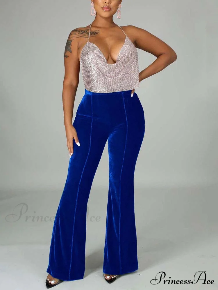 Velvet Velour Flared Bell Bottoms High Waist Pants - Image 13