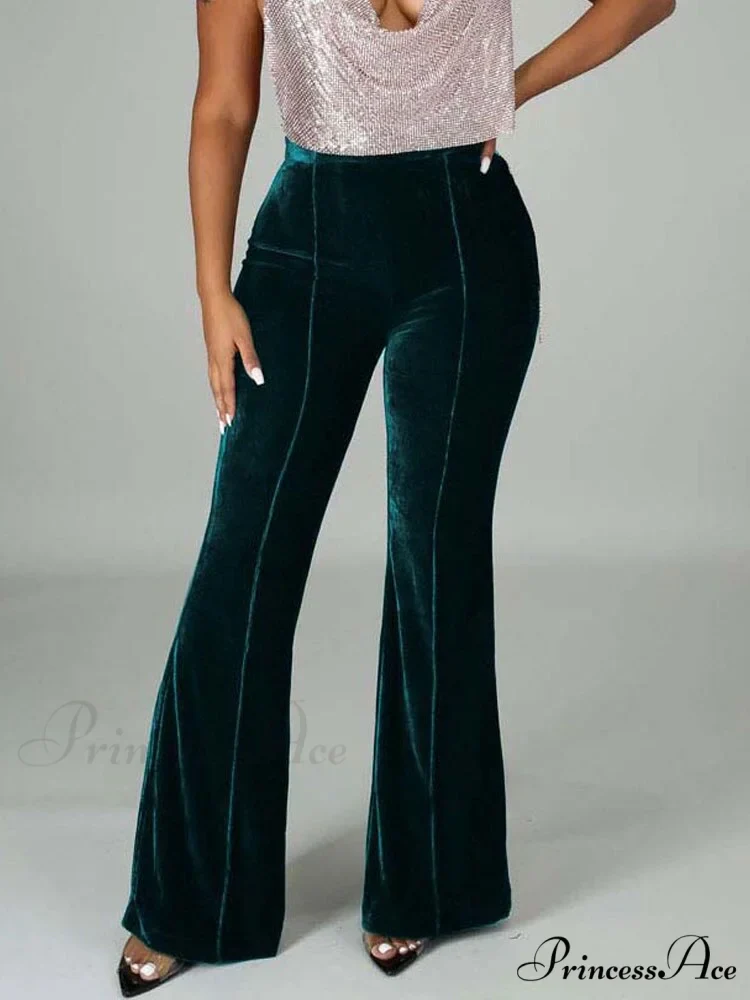Velvet Velour Flared Bell Bottoms High Waist Pants - Image 18