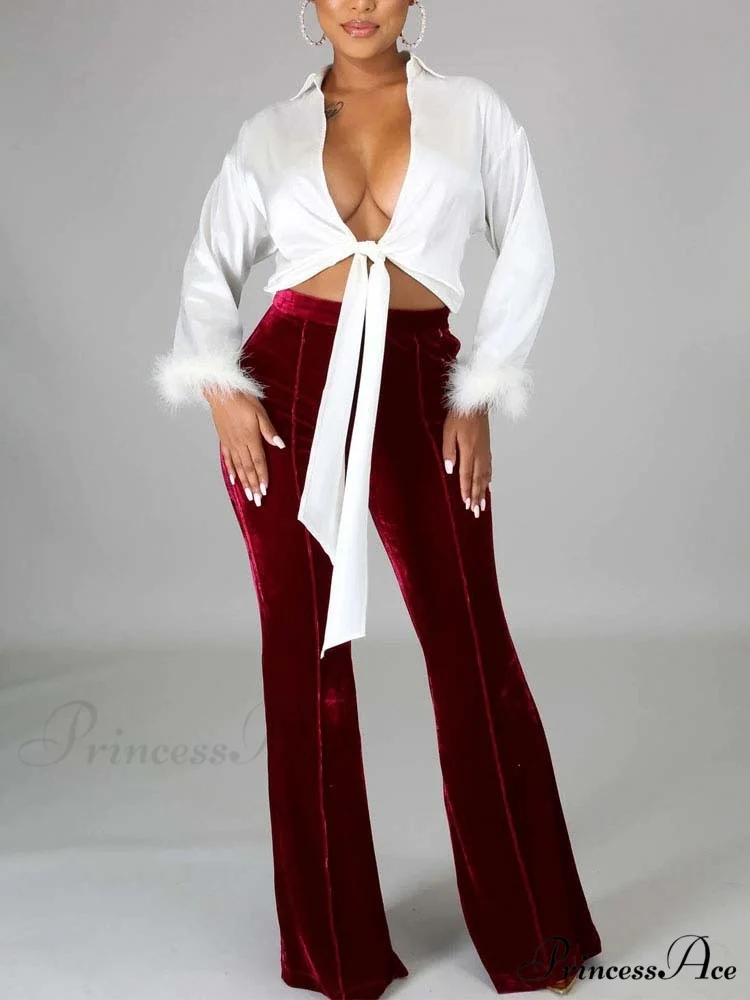 Velvet Velour Flared Bell Bottoms High Waist Pants - Image 5