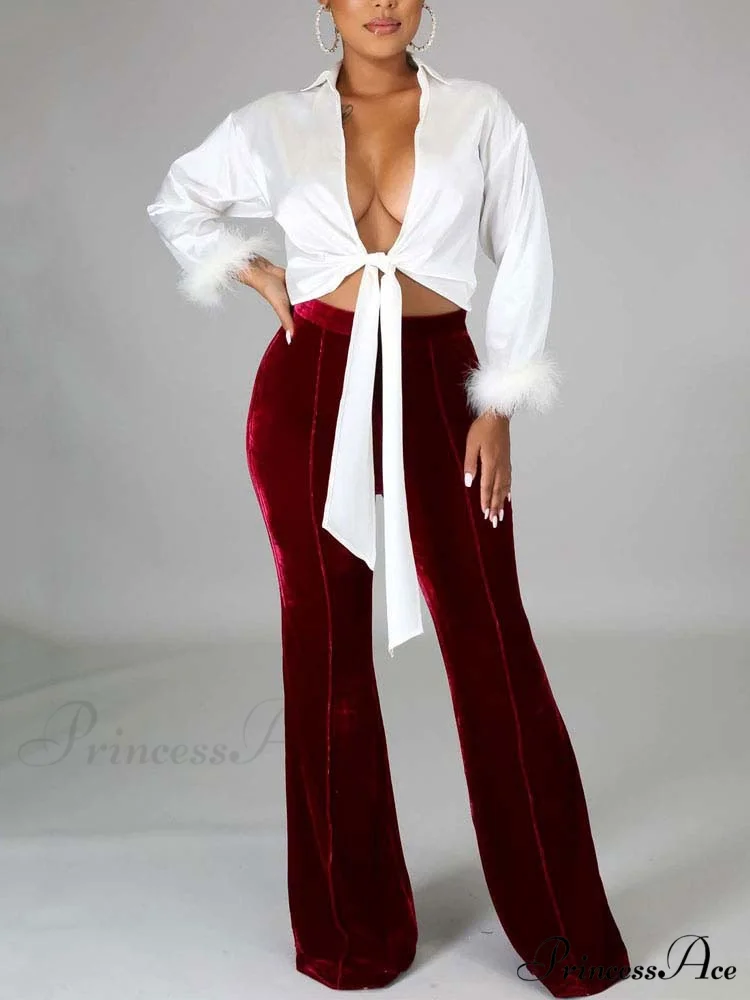 Velvet Velour Flared Bell Bottoms High Waist Pants - Image 6