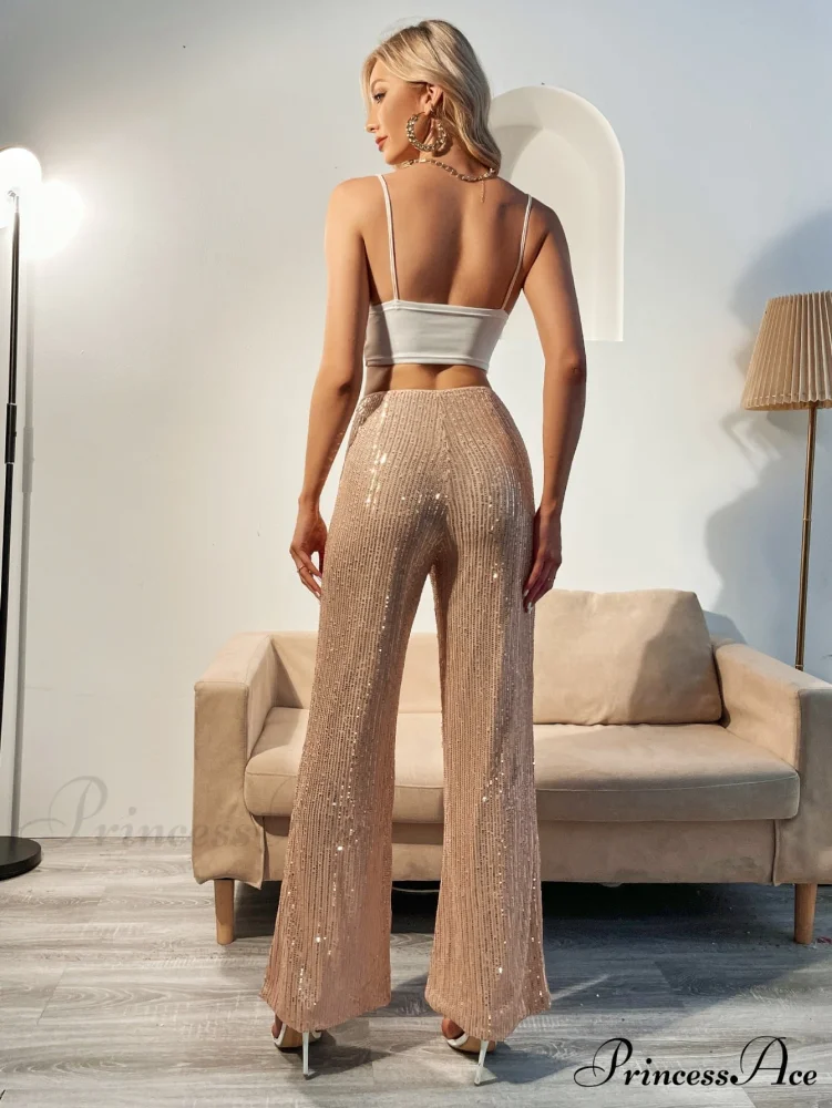 Glitter High Waist Wide Leg Sequin Pants - Image 11
