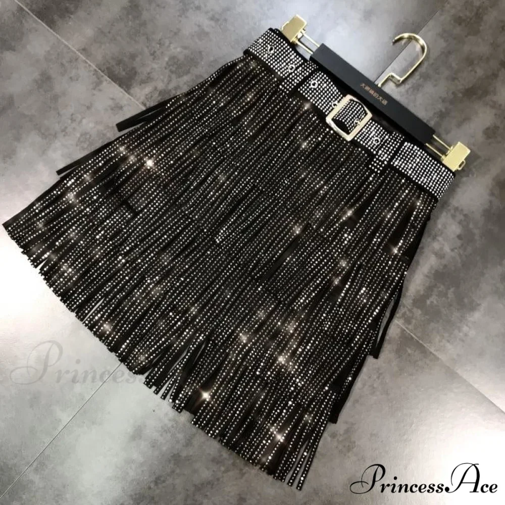 Rhinestones Tassel High Waist Belt Skirt - Image 3