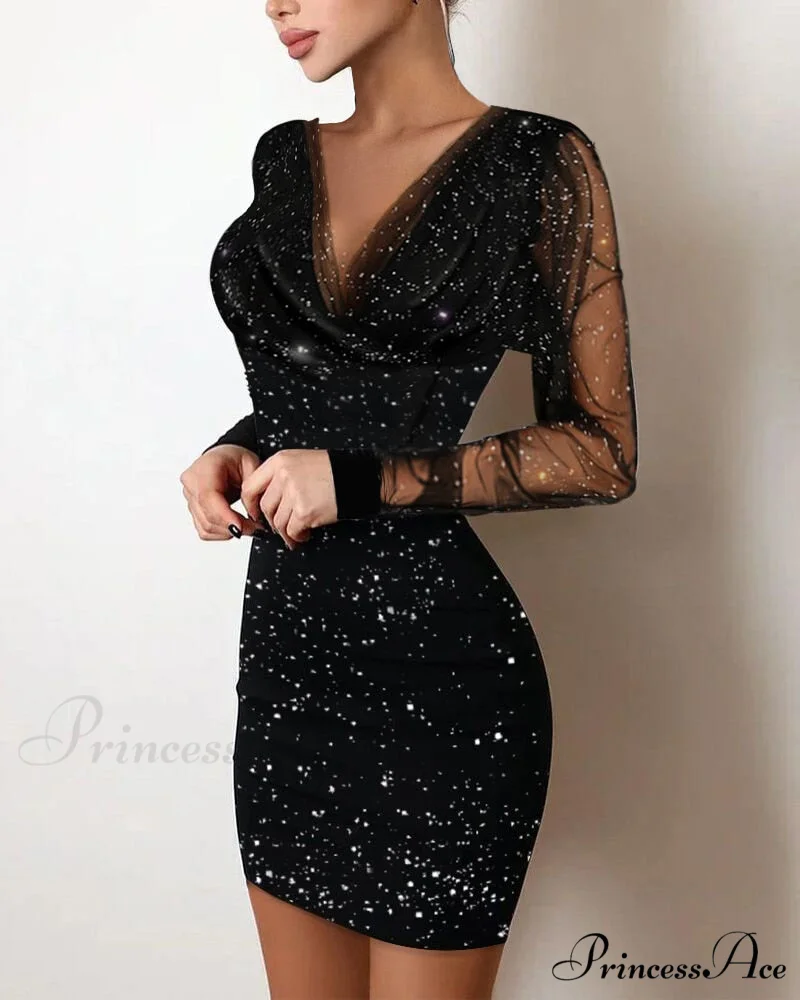 Sequin Sheer Mesh Glitter Long Sleeve Party Dress - Image 3