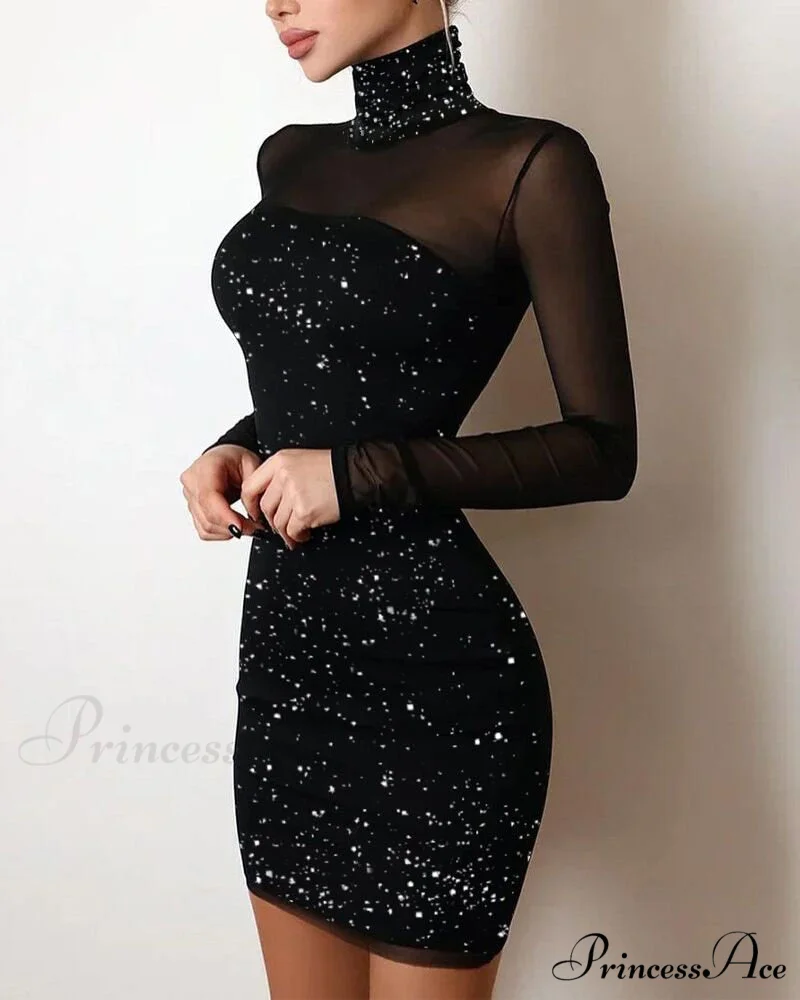 Sequin Sheer Mesh Glitter Long Sleeve Party Dress - Image 7
