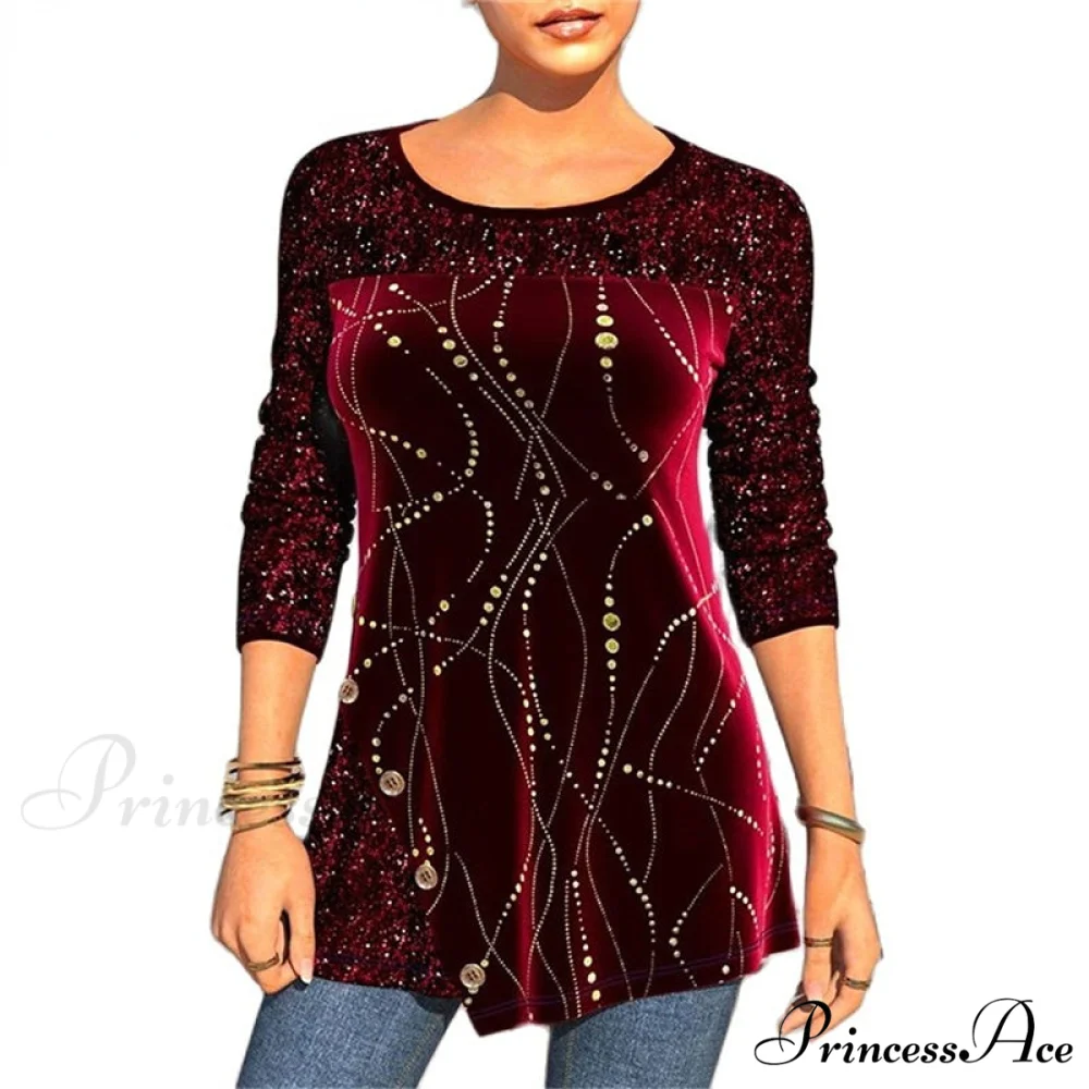 Sequins Patchwork Print Long Sleeve O-Neck T Shirt - Image 3