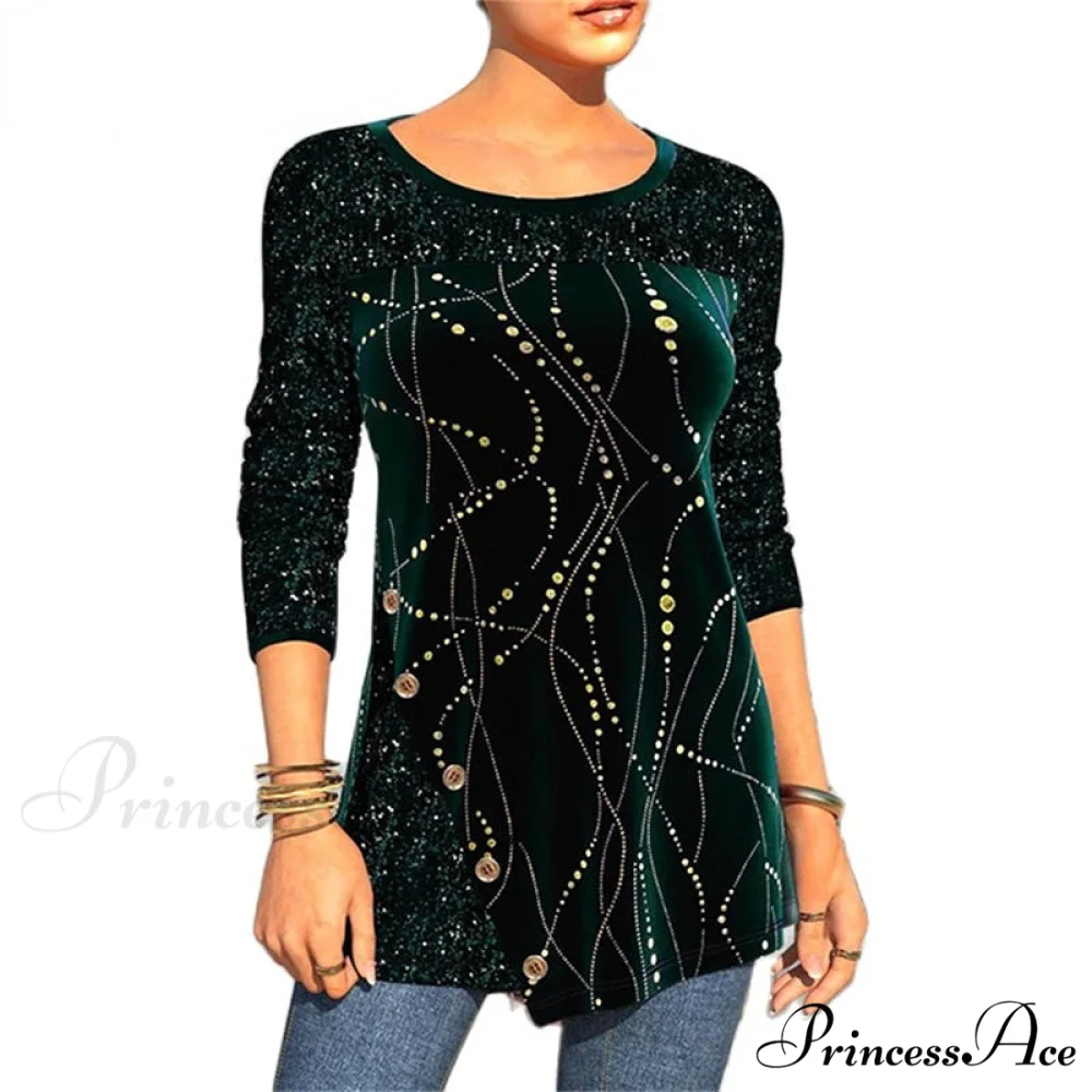 Sequins Patchwork Print Long Sleeve O-Neck T Shirt - Image 5