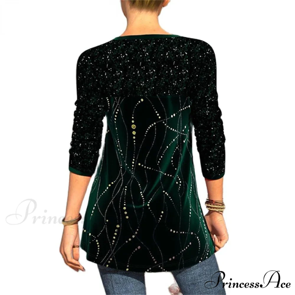 Sequins Patchwork Print Long Sleeve O-Neck T Shirt - Image 6
