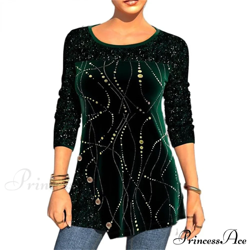Sequins Patchwork Print Long Sleeve O-Neck T Shirt - Image 7