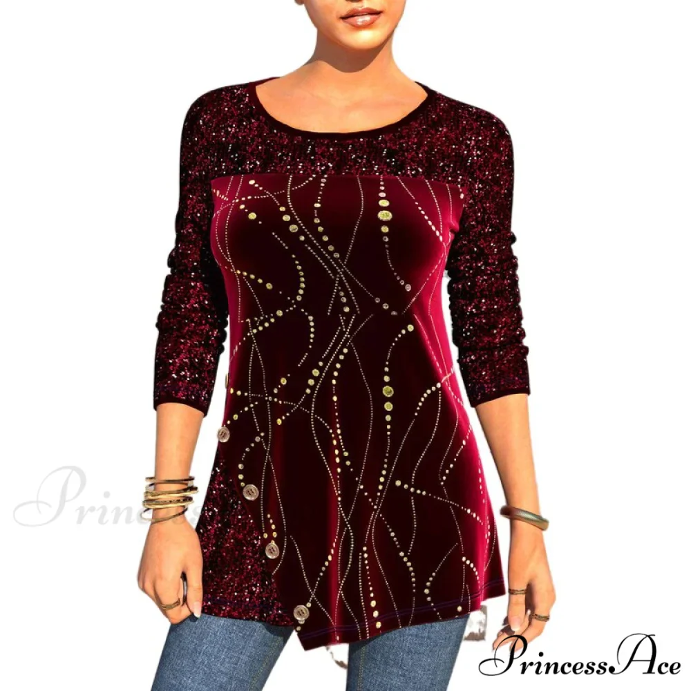Plus Size Graphic Printed Sequins Patchwork Round Neck T Shirt - Image 13