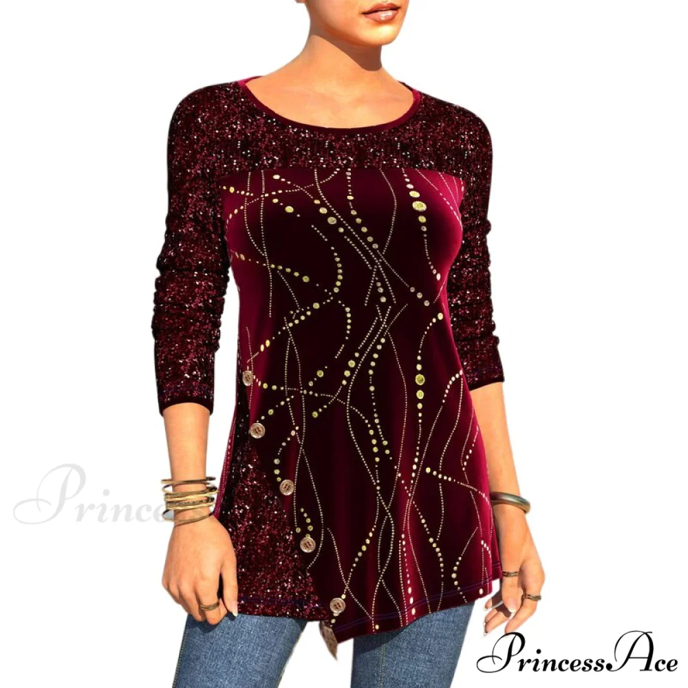 Plus Size Graphic Printed Sequins Patchwork Round Neck T Shirt - Image 15