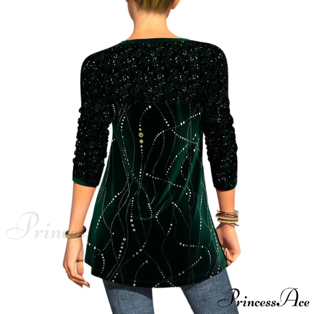 Plus Size Graphic Printed Sequins Patchwork Round Neck T Shirt - Image 19