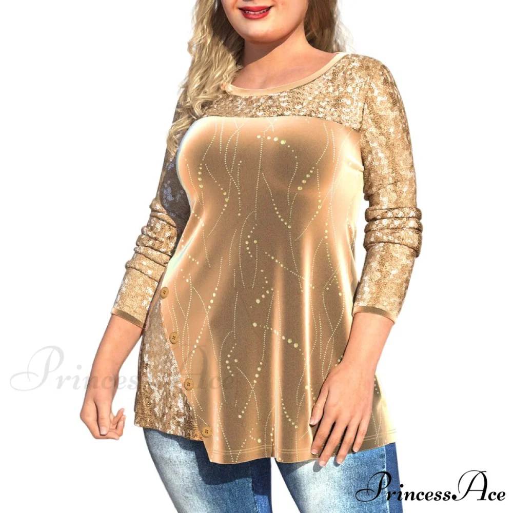 Plus Size Graphic Printed Sequins Patchwork Round Neck T Shirt - Image 3