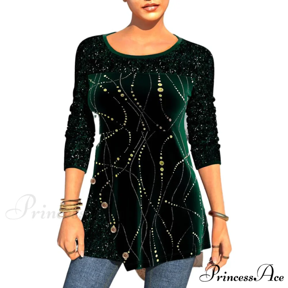 Plus Size Graphic Printed Sequins Patchwork Round Neck T Shirt - Image 7