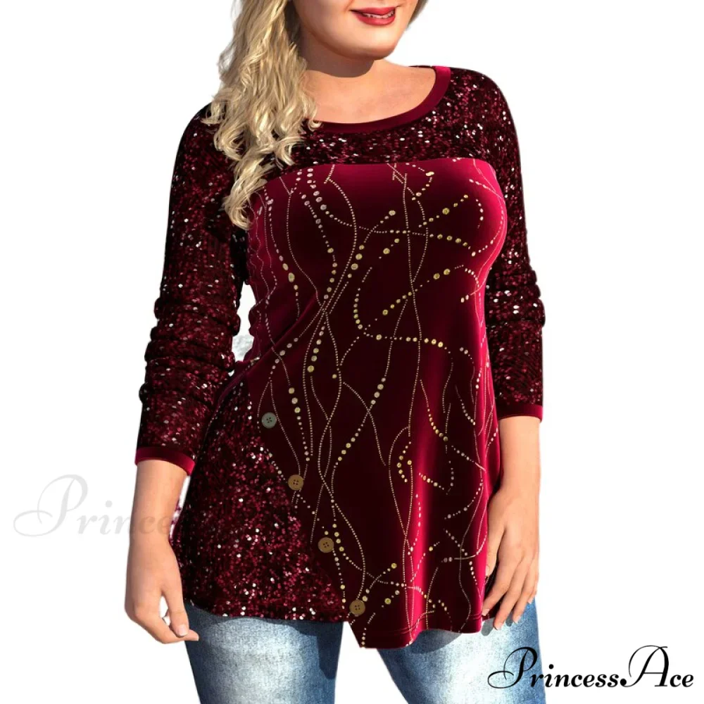 Plus Size Graphic Printed Sequins Patchwork Round Neck T Shirt - Image 8
