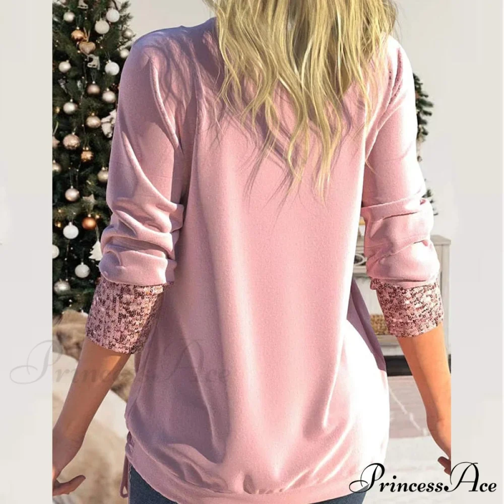 V Neck Sequins Stitching Solid Drawstring Pullover - Image 2