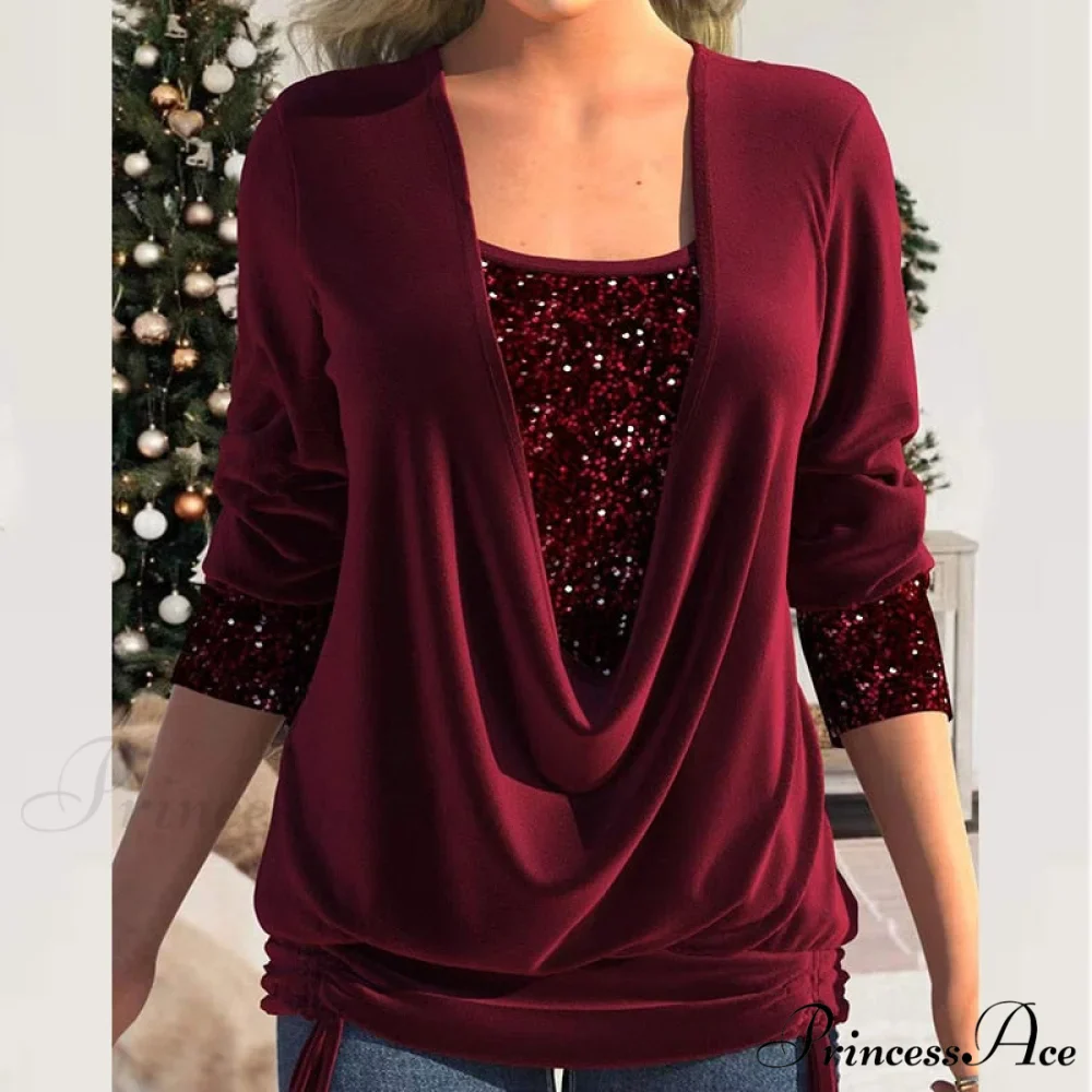 V Neck Sequins Stitching Solid Drawstring Pullover - Image 3