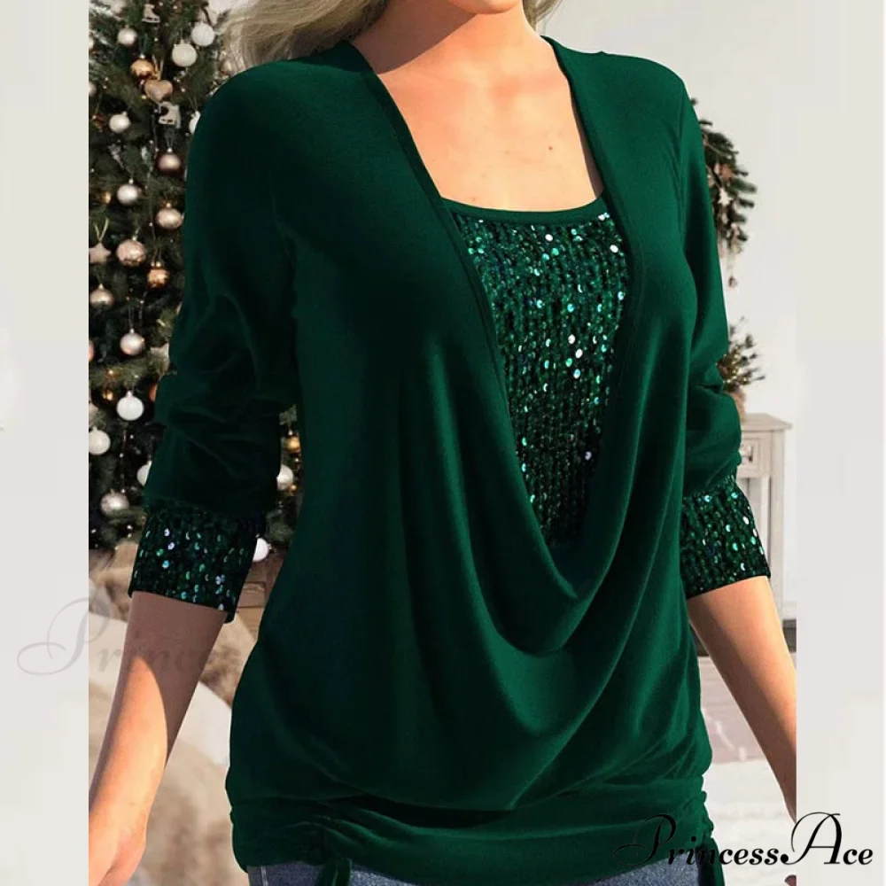 V Neck Sequins Stitching Solid Drawstring Pullover - Image 5
