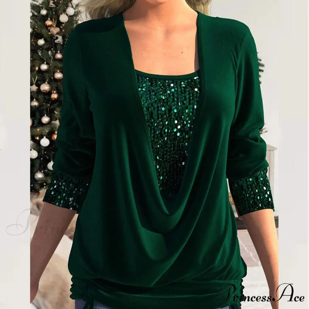 V Neck Sequins Stitching Solid Drawstring Pullover - Image 6