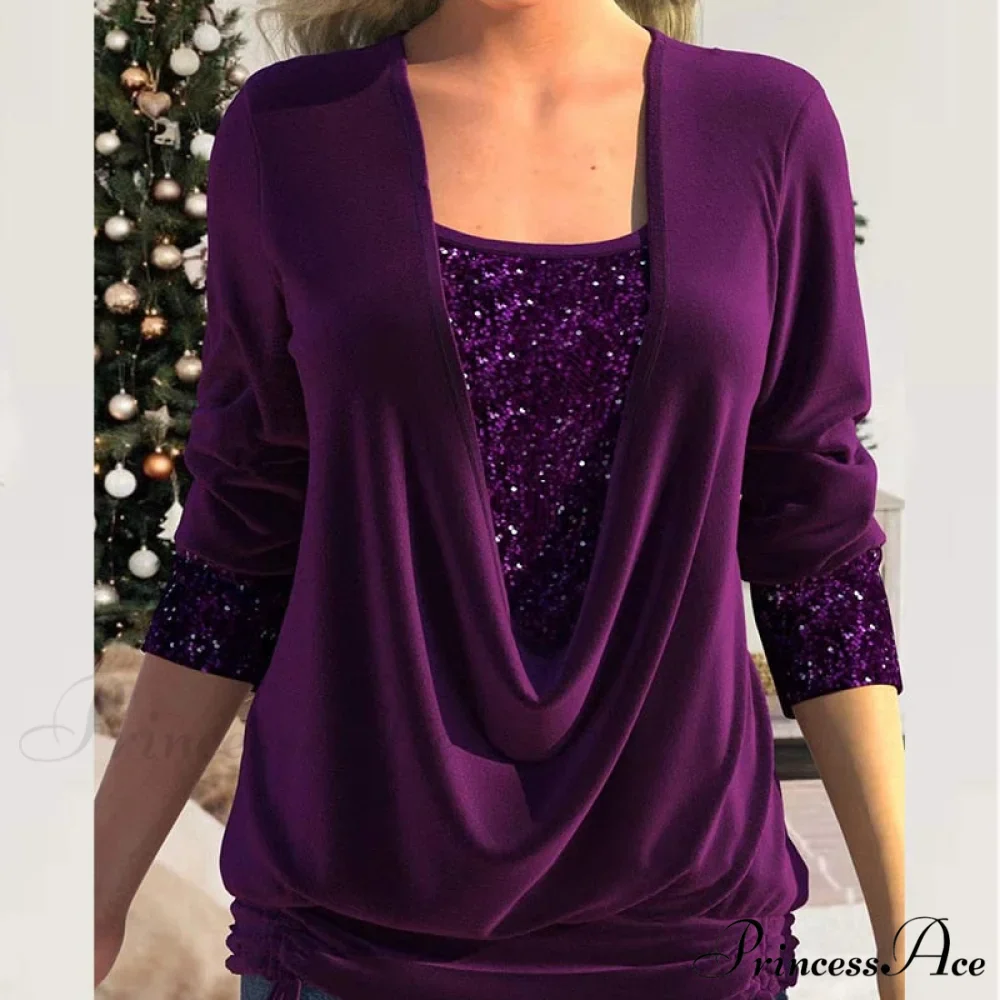 V Neck Sequins Stitching Solid Drawstring Pullover - Image 8