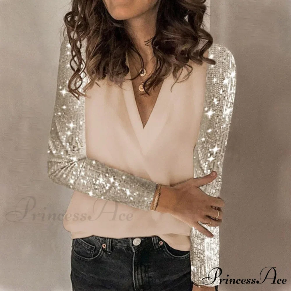 Sequin Splice Long Sleeve Loose V-Neck Pullover - Image 4