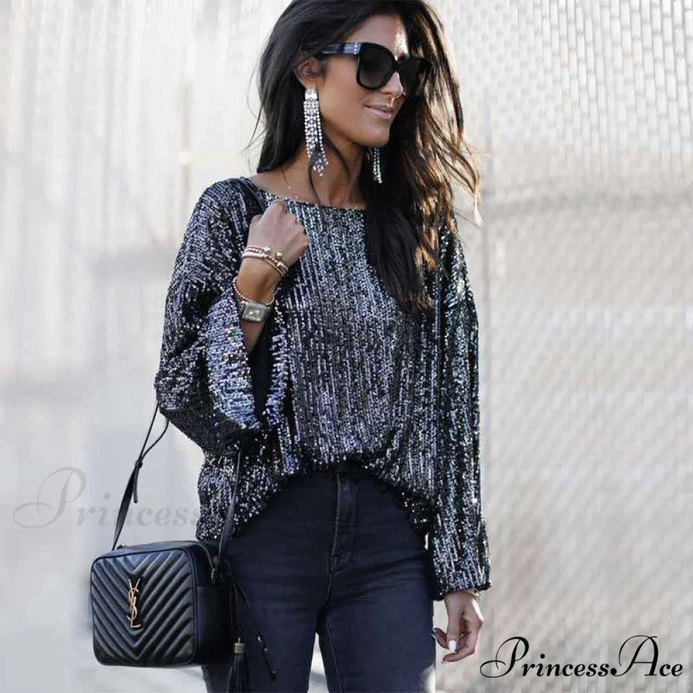 Casual Glitter Sequin Tunic O Neck Long Sleeve T-shirt - Image 3