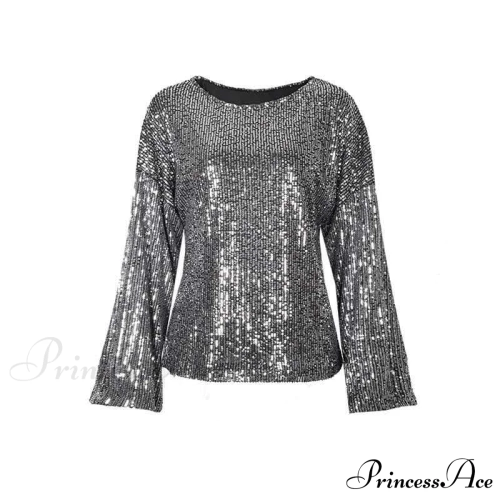 Casual Glitter Sequin Tunic O Neck Long Sleeve T-shirt - Image 4