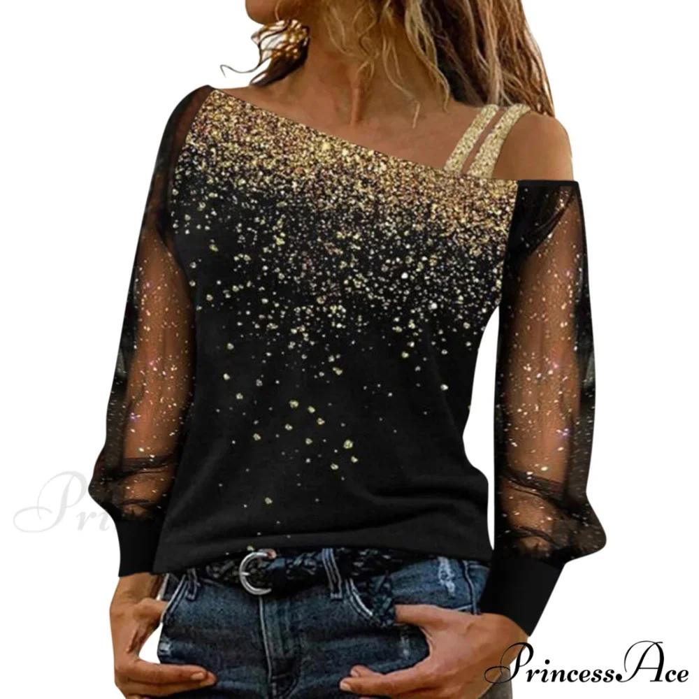 Long Sleeve Sequin Cold Shoulder Bling Mesh Sheer Blouse - Image 4