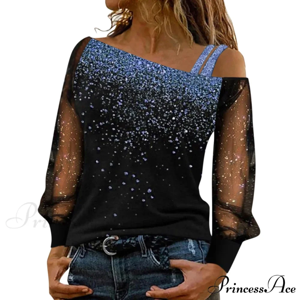 Long Sleeve Sequin Cold Shoulder Bling Mesh Sheer Blouse - Image 8