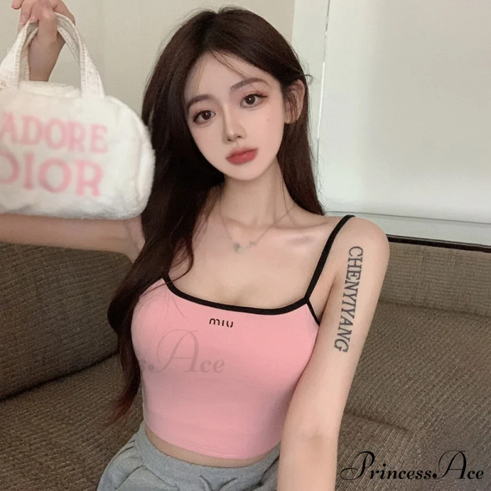 Solid Color Letter Orint Square Collar Tank Top - Image 2