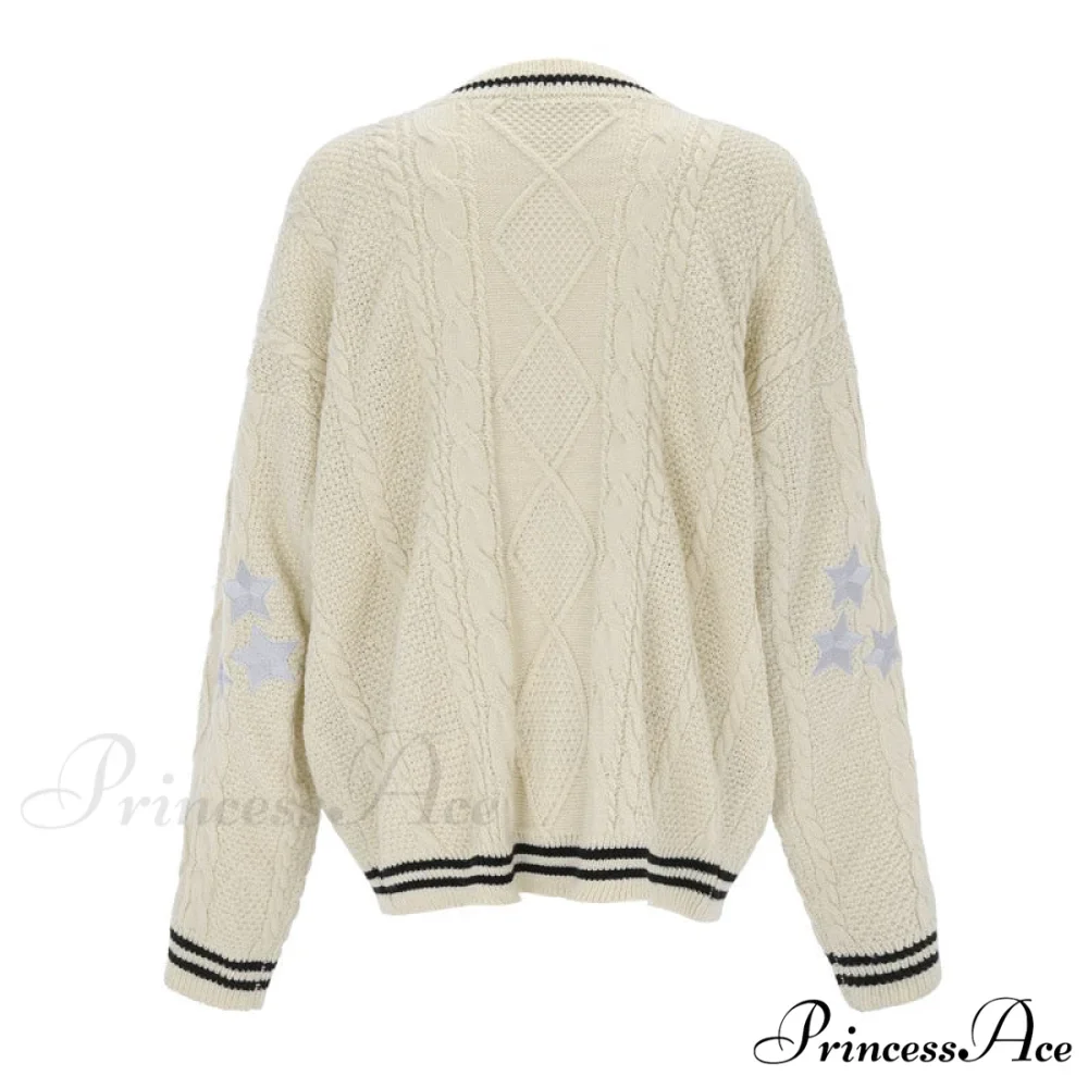 Beige V-neck Star Embroidery Cardigan - Image 2