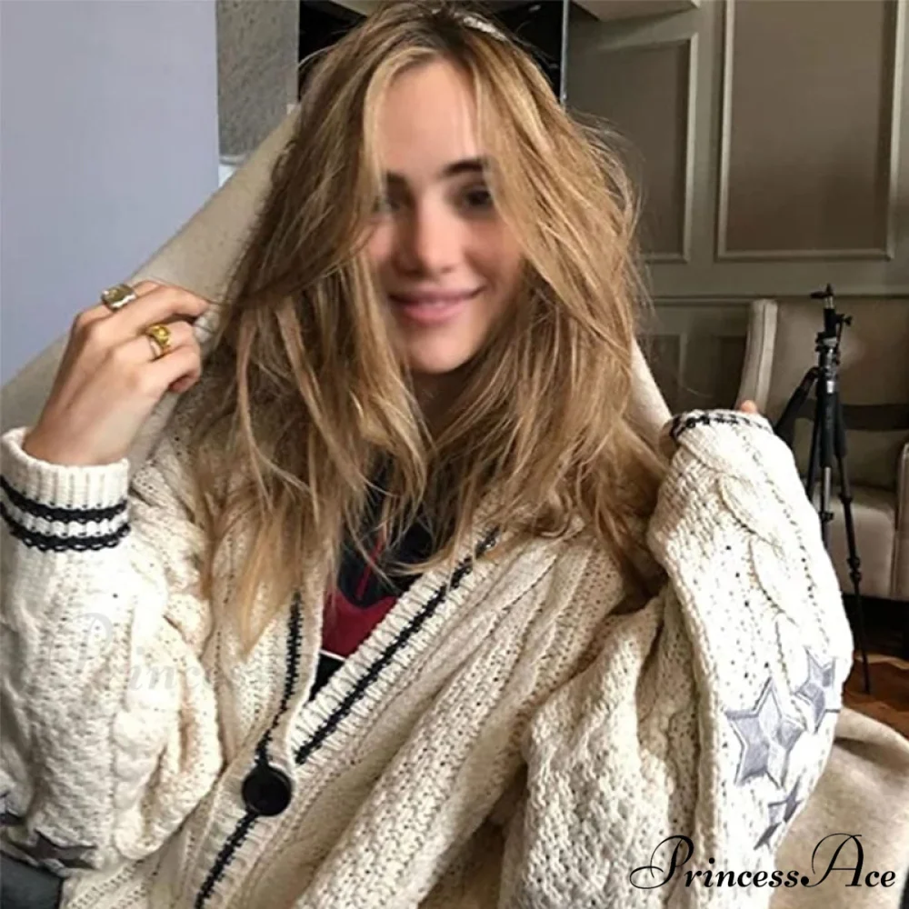 Beige V-neck Star Embroidery Cardigan - Image 3