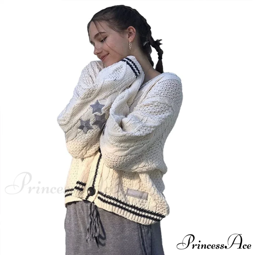 Beige V-neck Star Embroidery Cardigan - Image 4