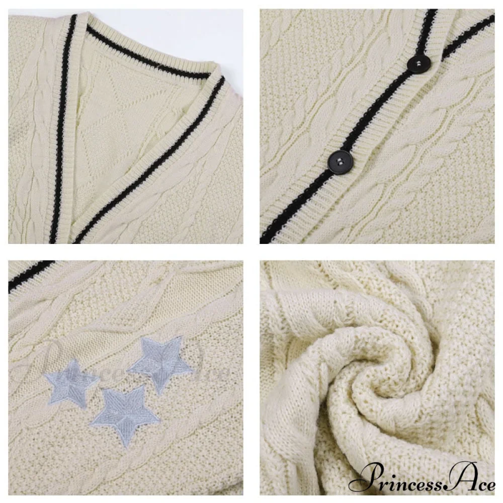 Beige V-neck Star Embroidery Cardigan - Image 5