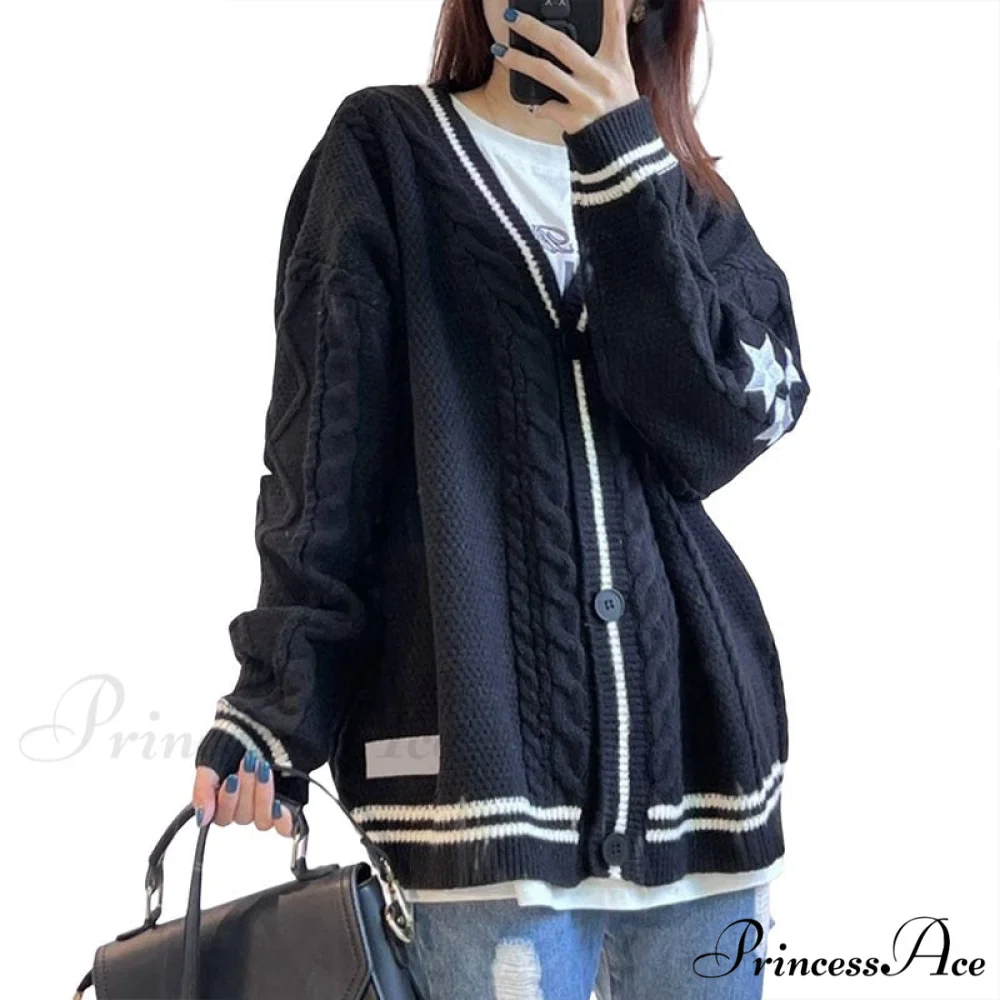 Beige V-neck Star Embroidery Cardigan - Image 6