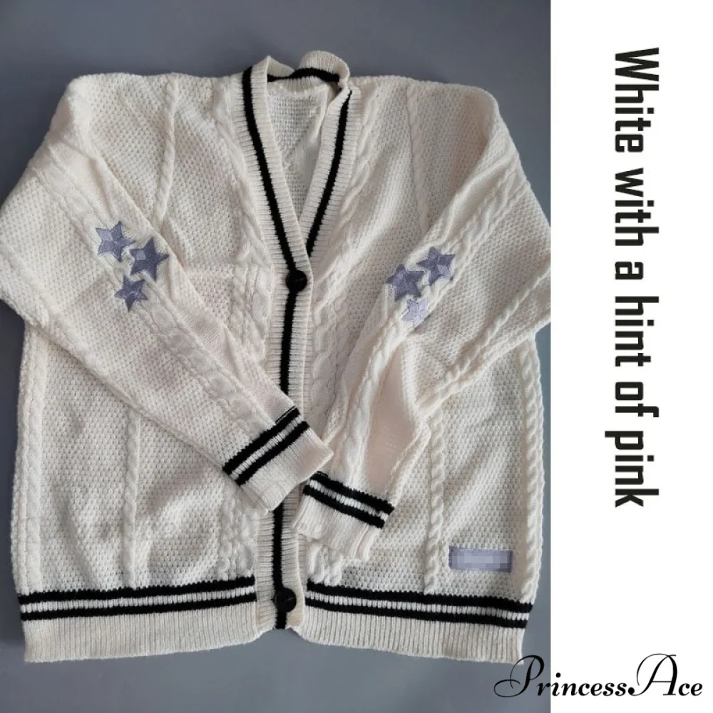 Beige V-neck Star Embroidery Cardigan - Image 7