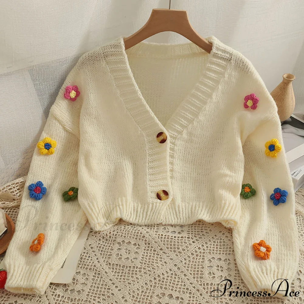 Flower V-neck Kawaii Retro Design All-match Mujer Cardigans - Image 3