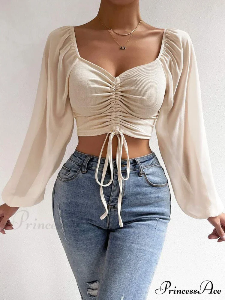 Lantern Sleeve V-Neck Fashion Blouses - Image 3