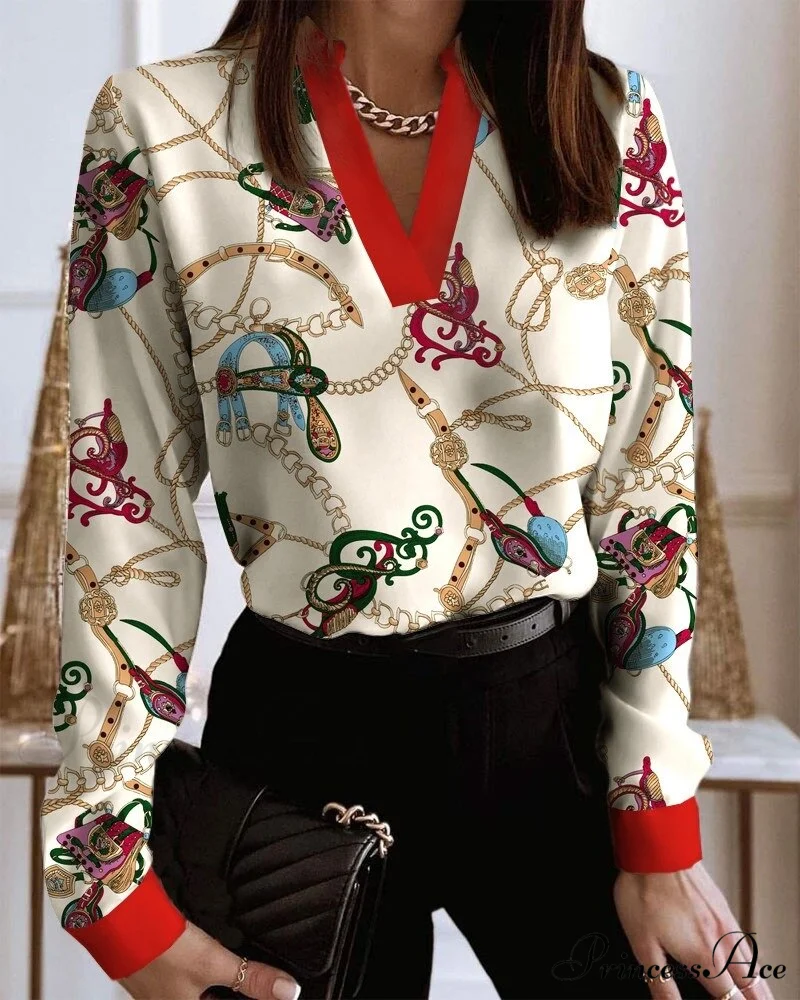 Office Lady Chain Printed Pullover Blouse - Image 3