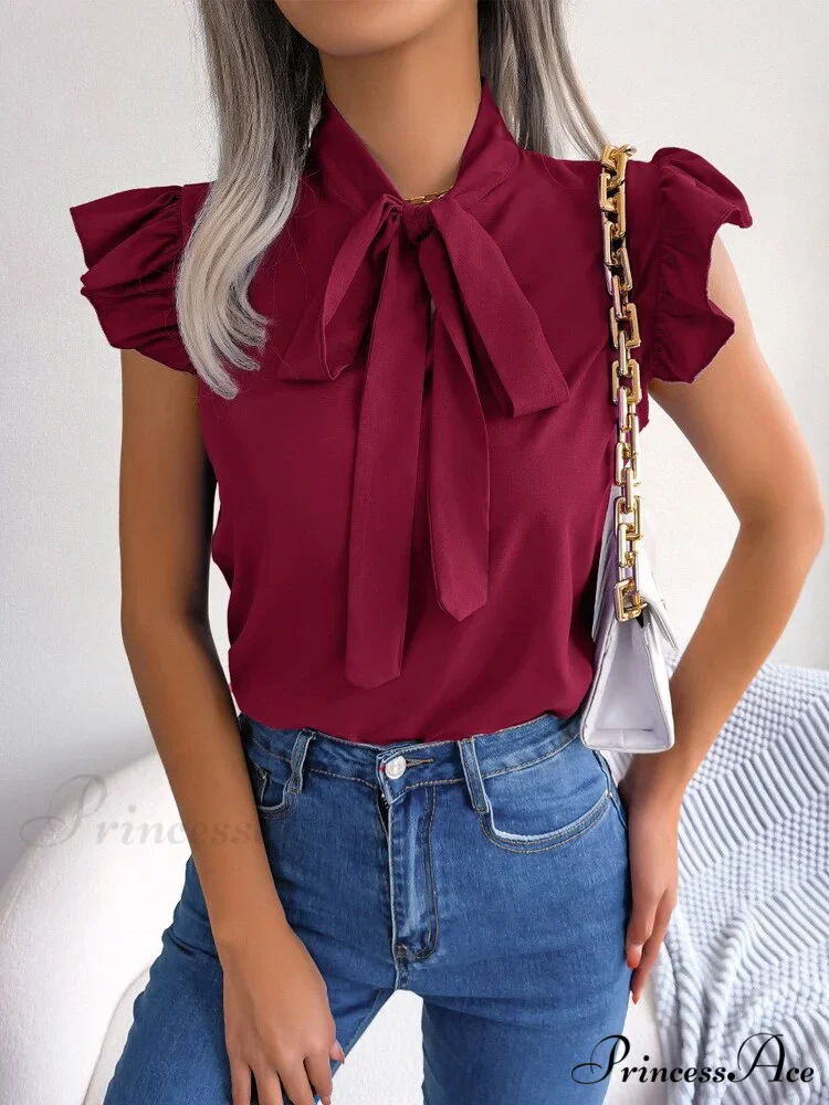 Solid Color Office Lady Shirt Fashion Simple Bowknot Blouse - Image 3