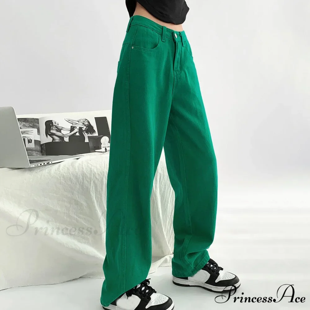 Green Baggy Waist Wide Leg Jeans Straight Denim Pants - Image 2